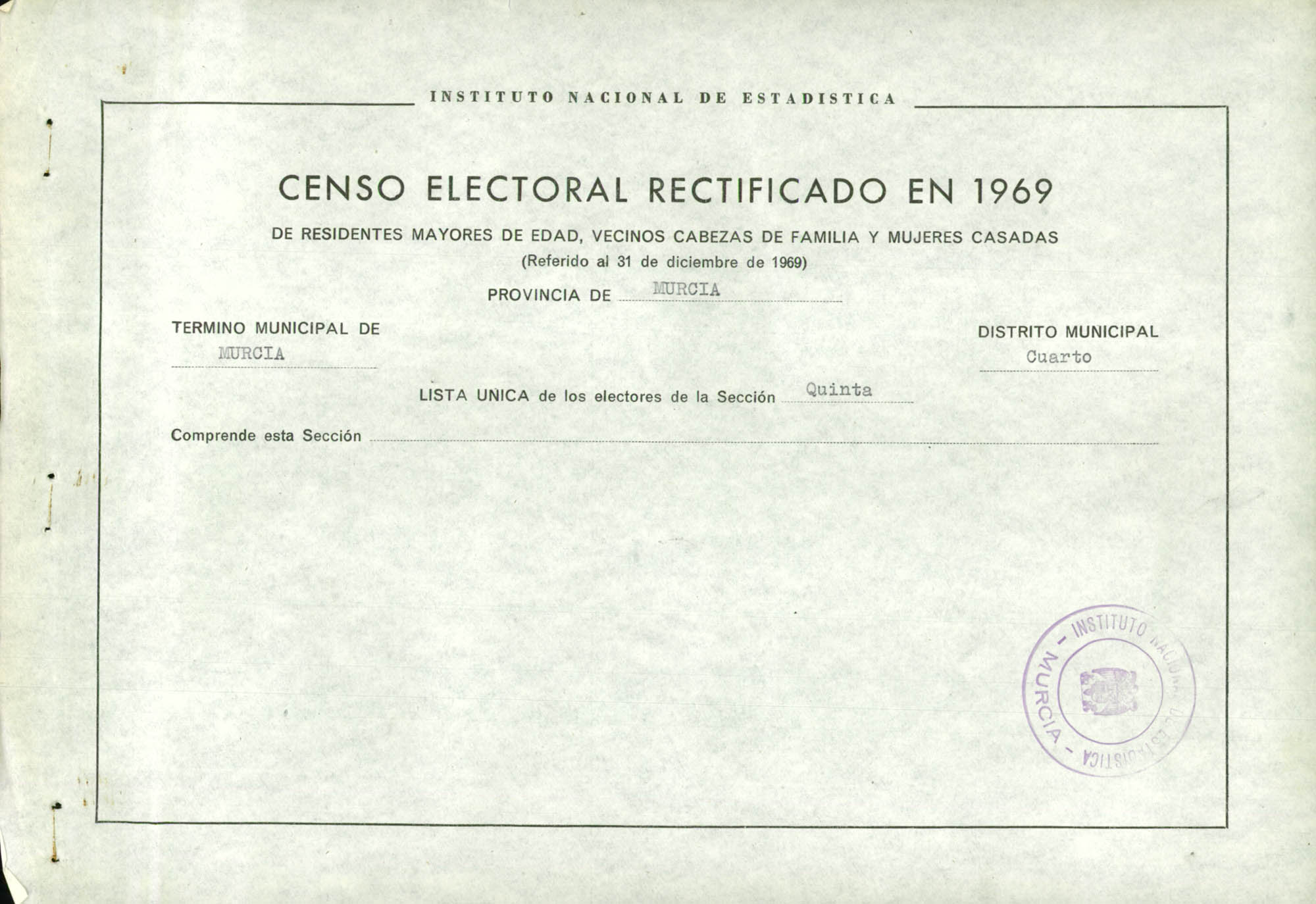 Censo electoral rectificado en 1969: listas definitivas de Murcia, Distrito 4º, sección 5ª.