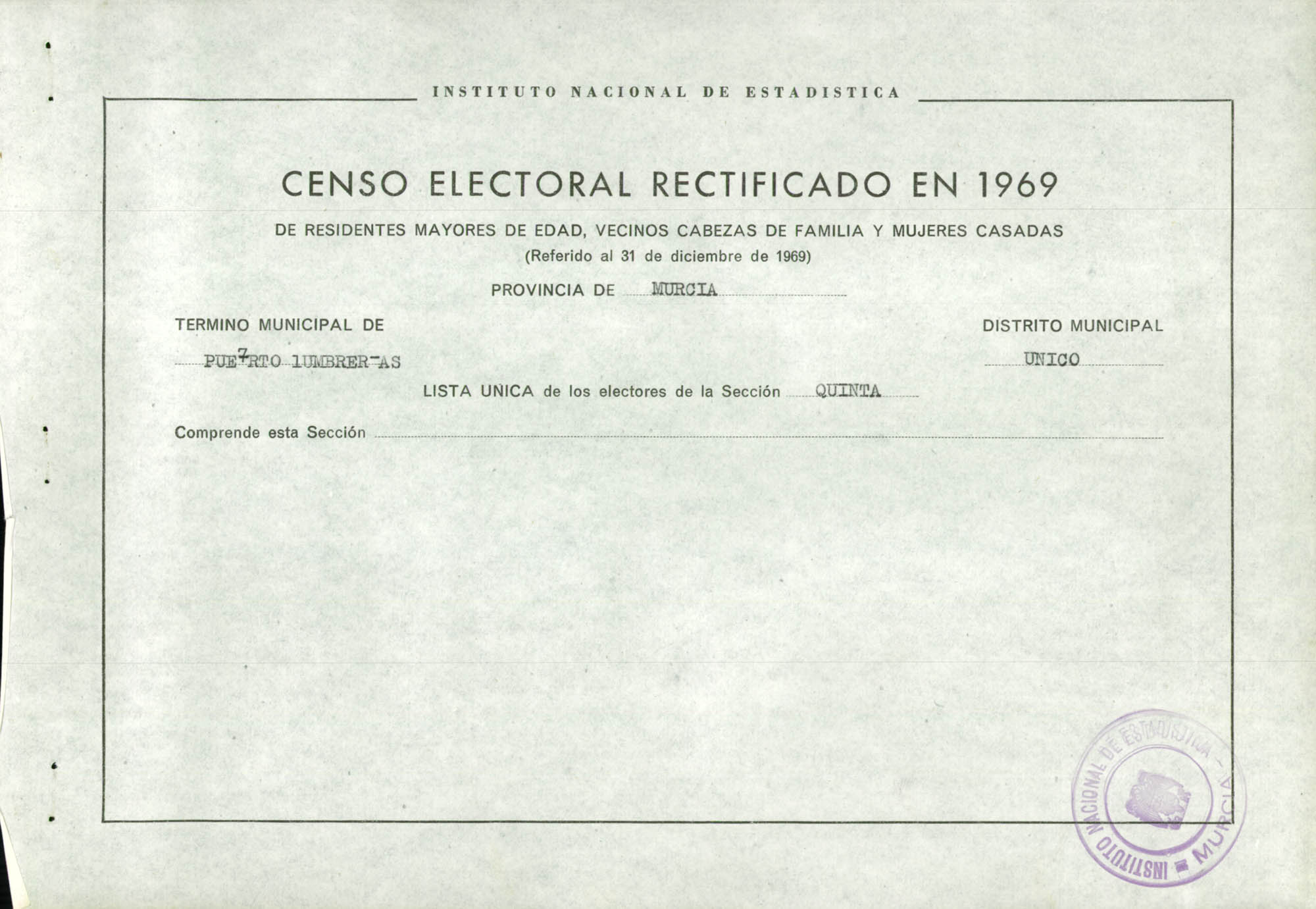 Censo electoral rectificado en 1969: listas definitivas de Puerto Lumbreras, Distrito Único, sección 5ª.