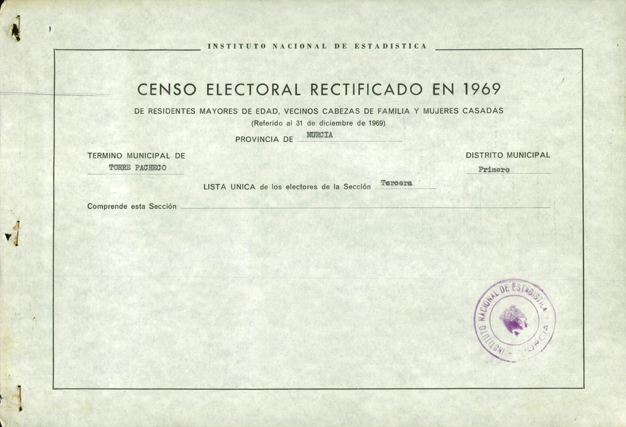 Censo electoral rectificado en 1969: listas definitivas de Torre Pacheco, Distrito 1º, sección 3ª.