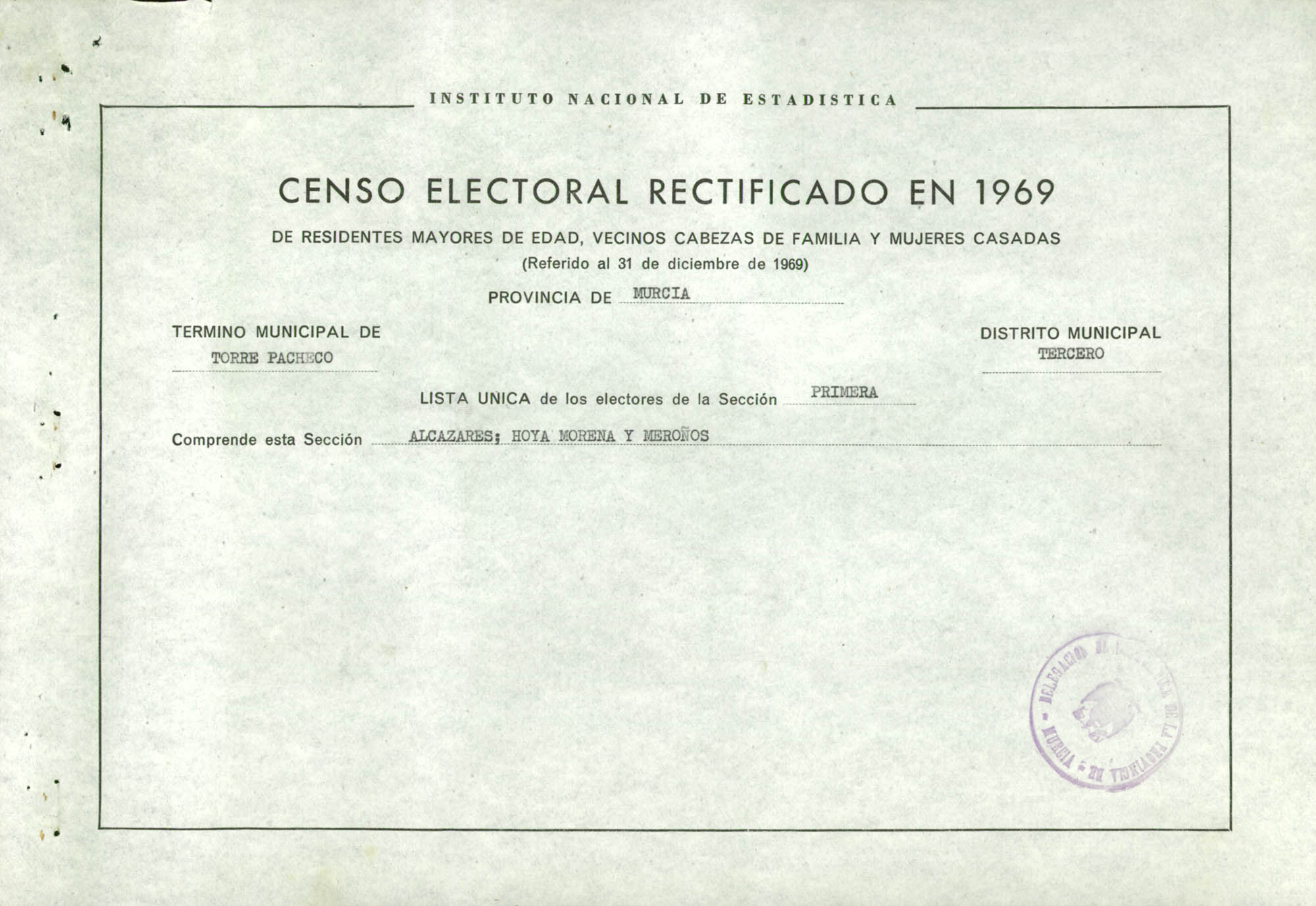 Censo electoral rectificado en 1969: listas definitivas de Torre Pacheco, Distrito 3º, sección 2ª.