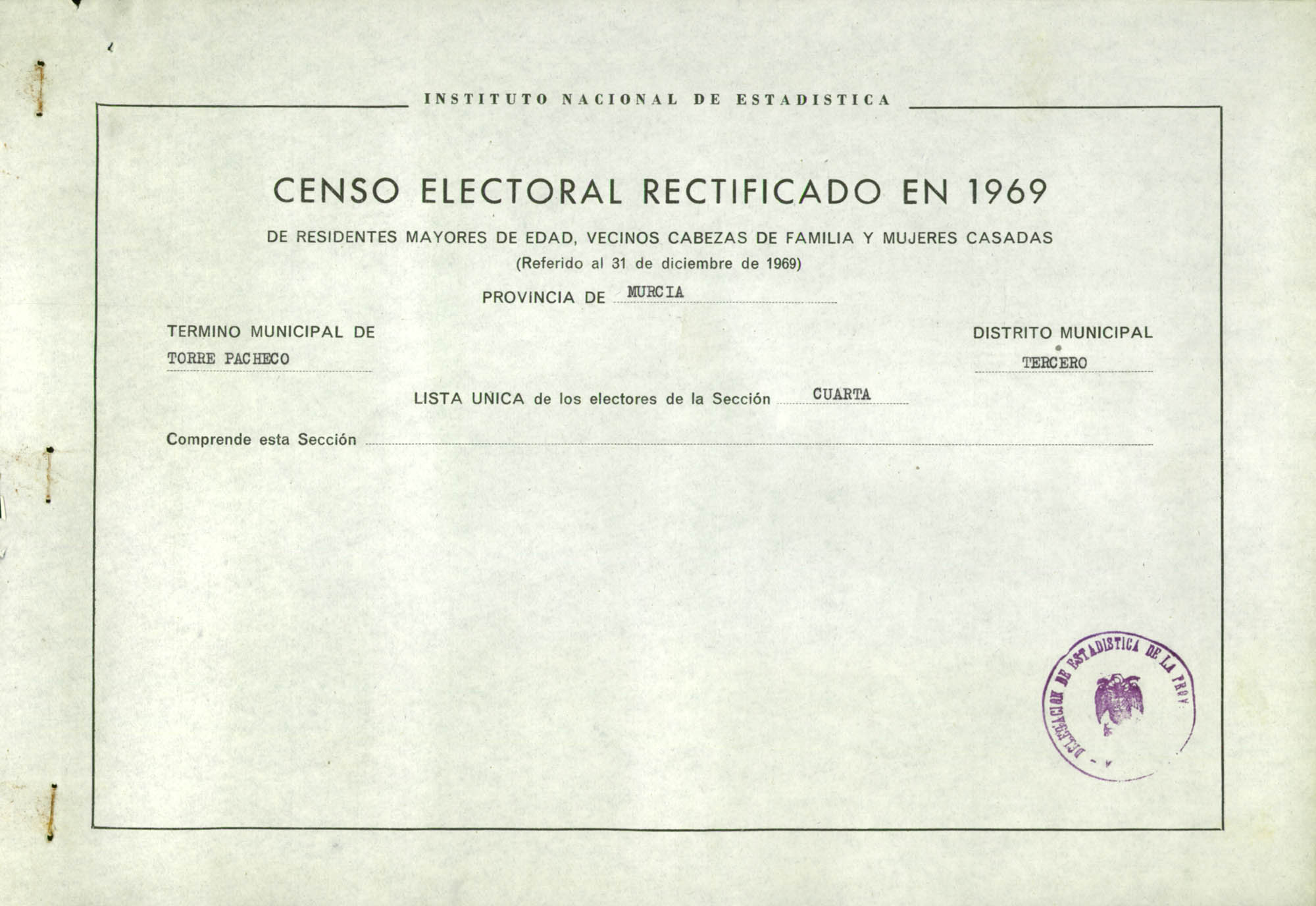 Censo electoral rectificado en 1969: listas definitivas de Torre Pacheco, Distrito 3º, sección 4ª.