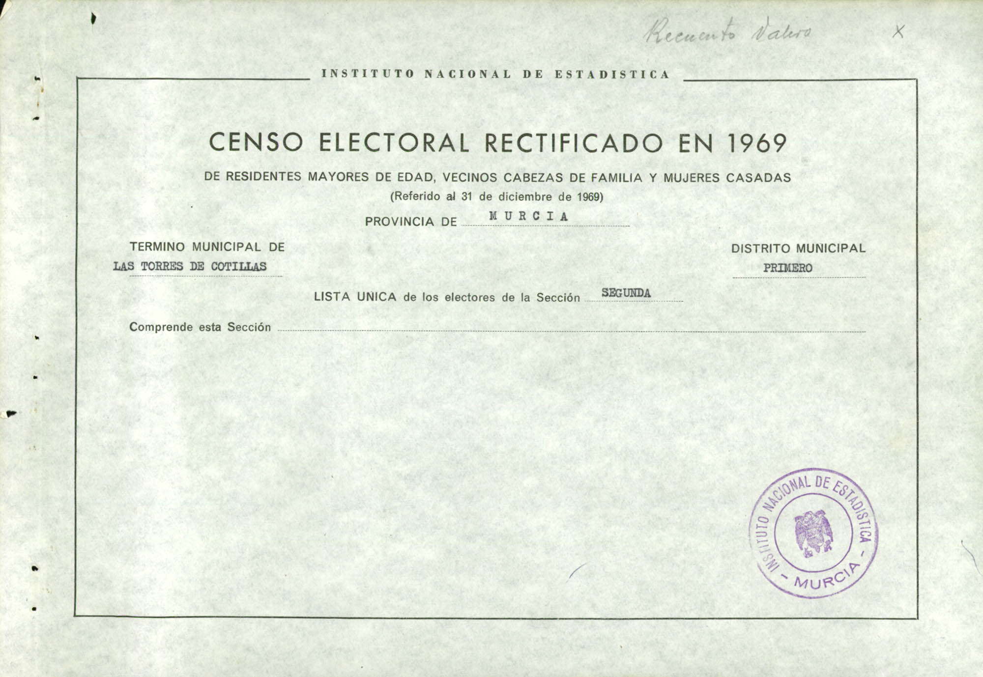 Censo electoral rectificado en 1969: listas definitivas de Las Torres de Cotillas, Distrito 1º, sección 2ª.