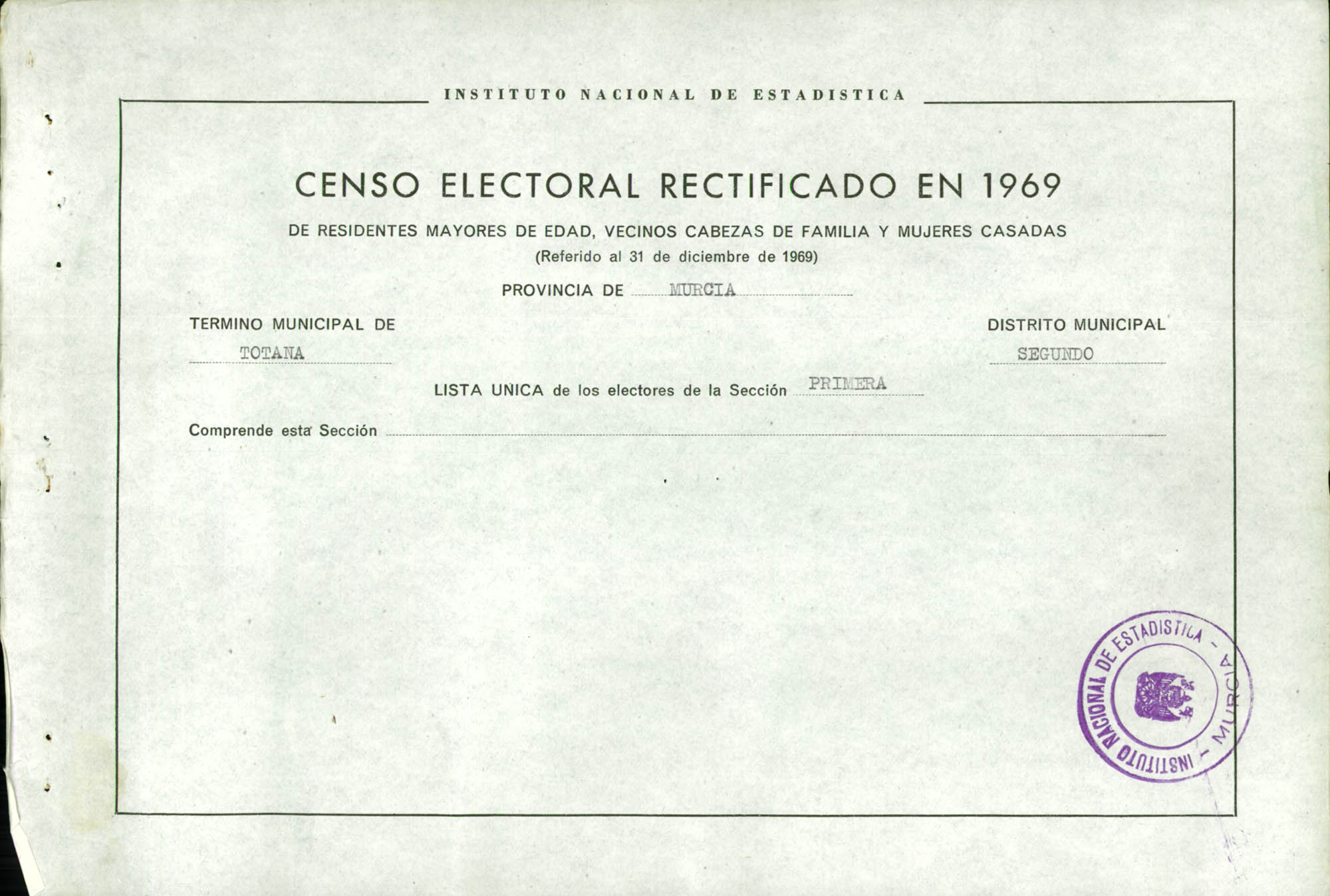 Censo electoral rectificado en 1969: listas definitivas de Totana, Distrito 2º, sección 1ª.