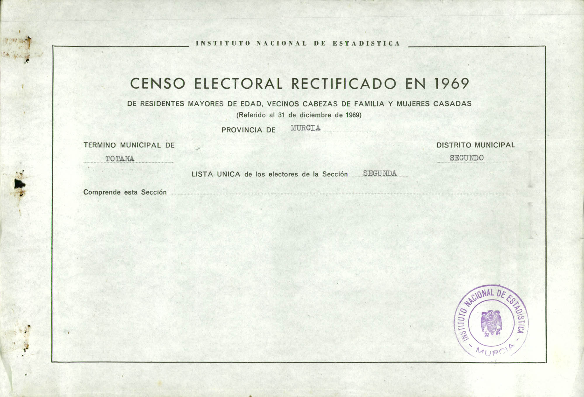 Censo electoral rectificado en 1969: listas definitivas de Totana, Distrito 2º, sección 2ª.