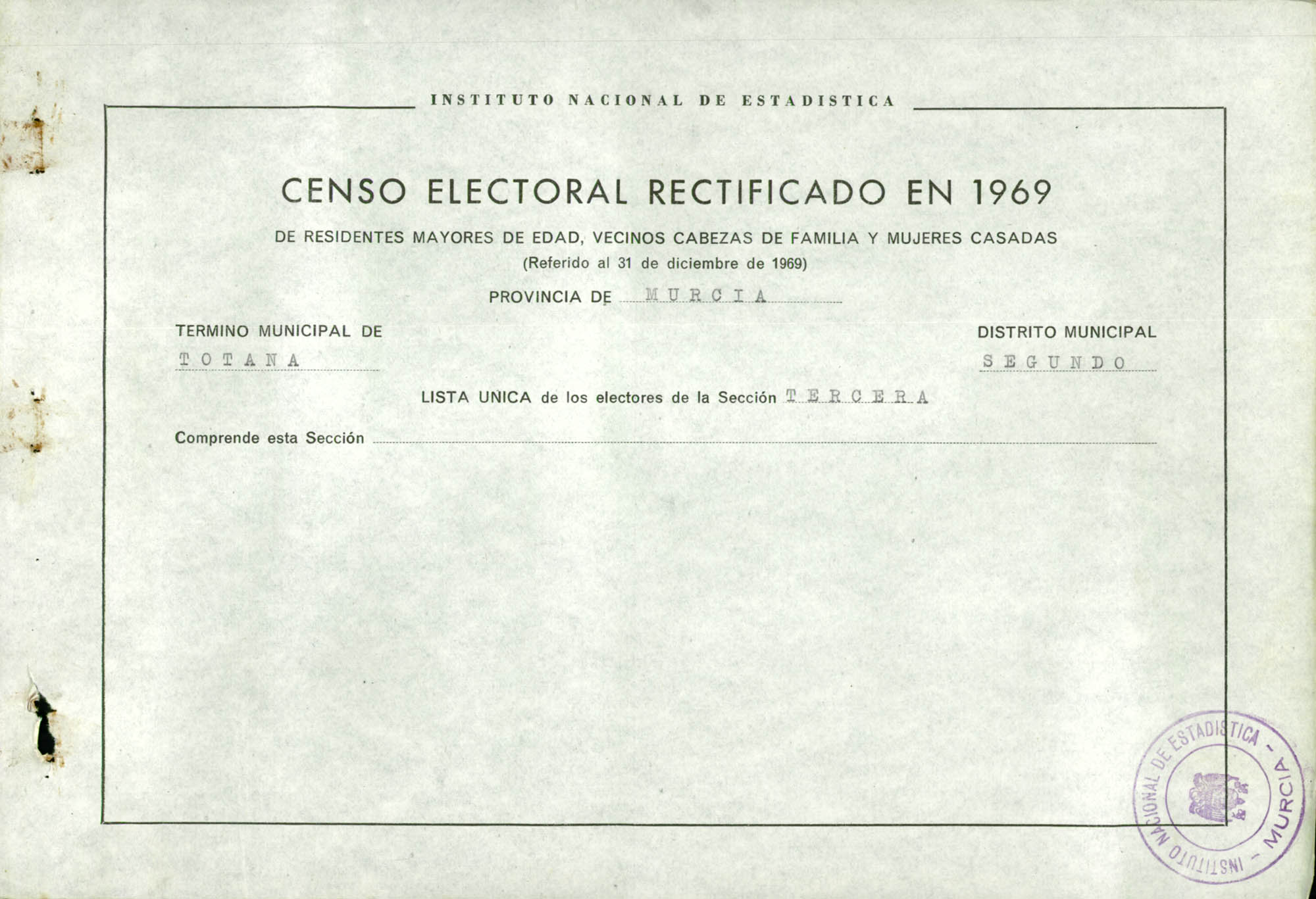 Censo electoral rectificado en 1969: listas definitivas de Totana, Distrito 2º, sección 3ª.