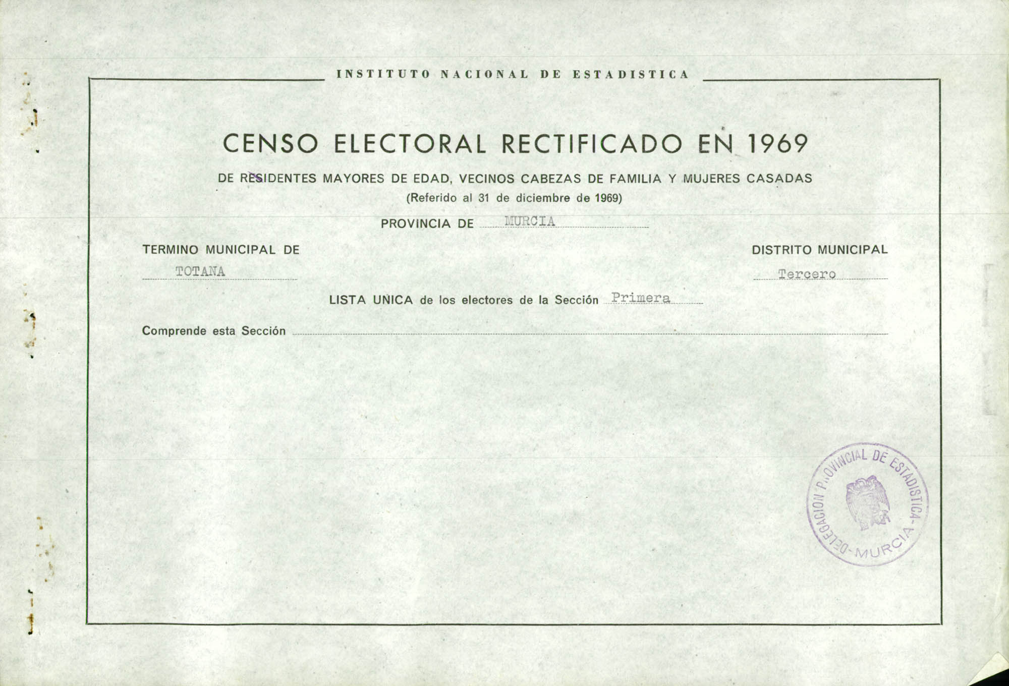 Censo electoral rectificado en 1969: listas definitivas de Totana, Distrito 3º, sección 1ª.