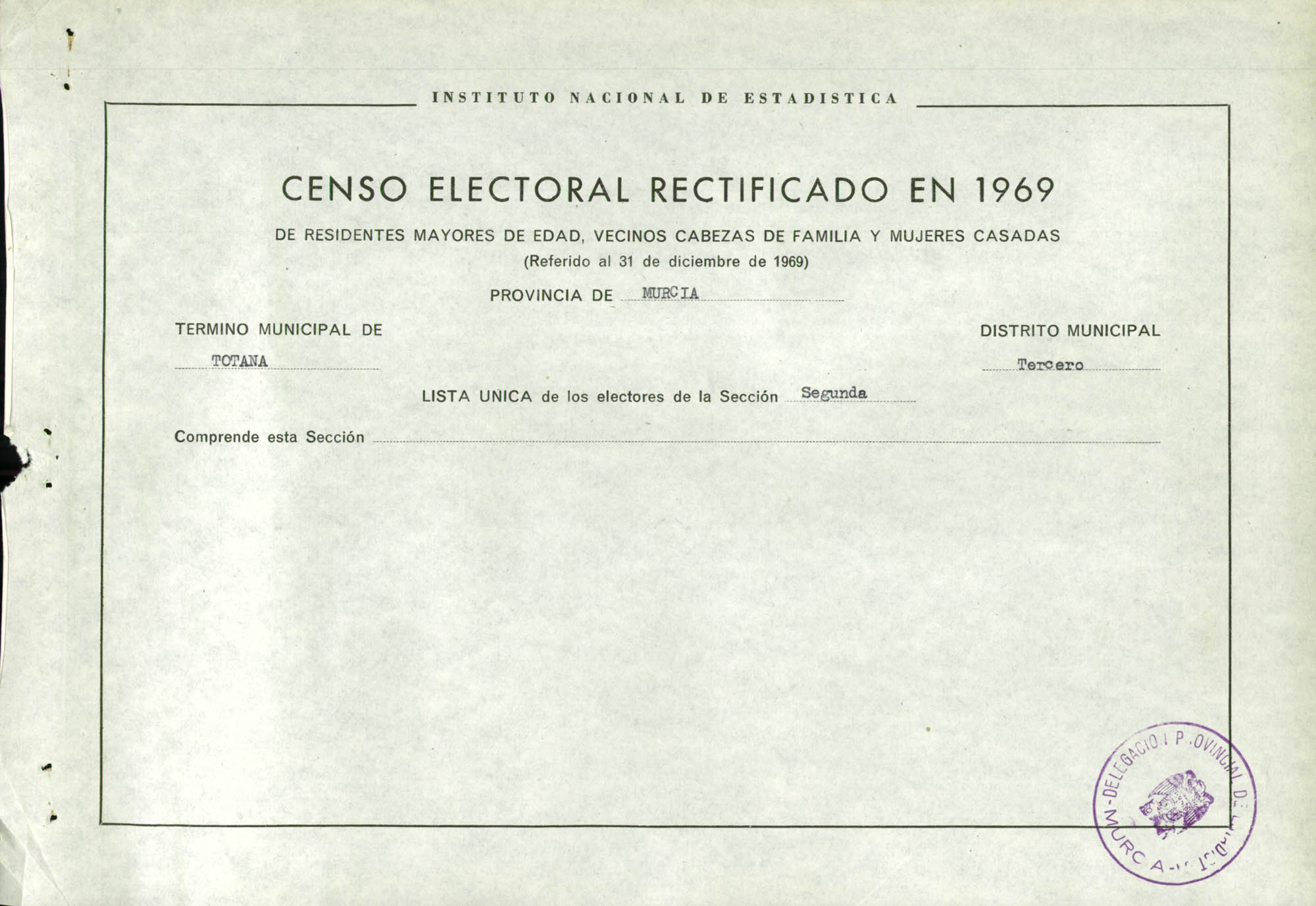 Censo electoral rectificado en 1969: listas definitivas de Totana, Distrito 3º, sección 2ª.