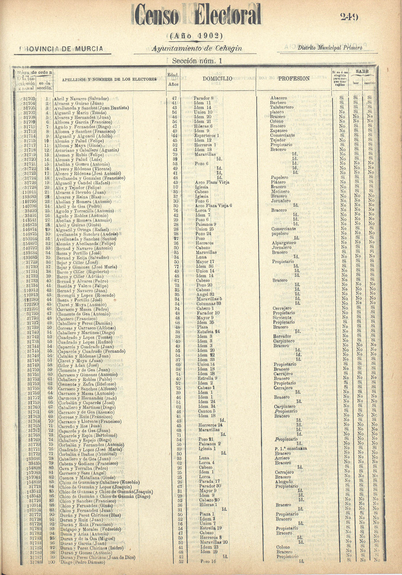 Censo electoral provincial de 1902: Cehegin.