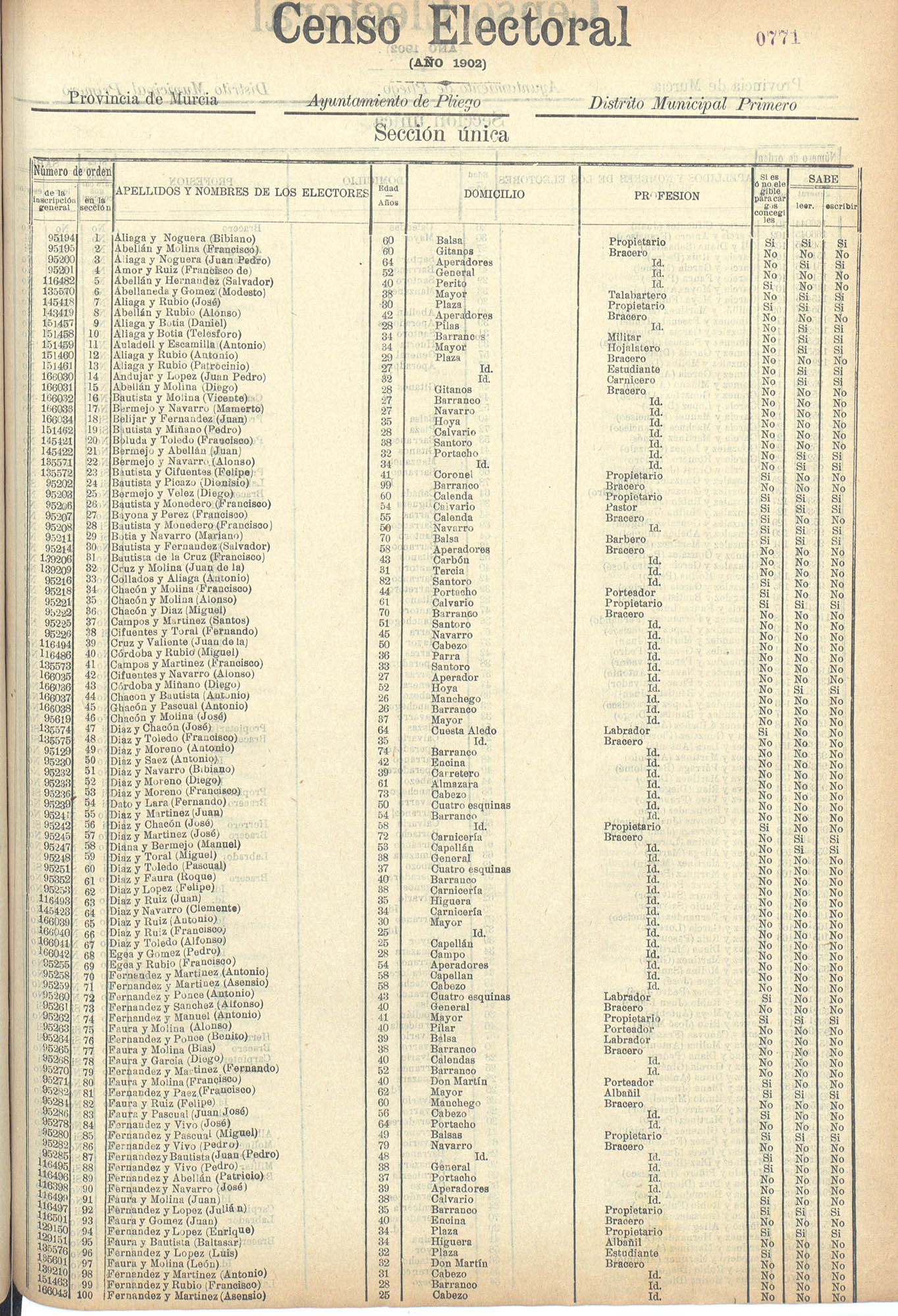 Censo electoral provincial de 1902: Pliego.