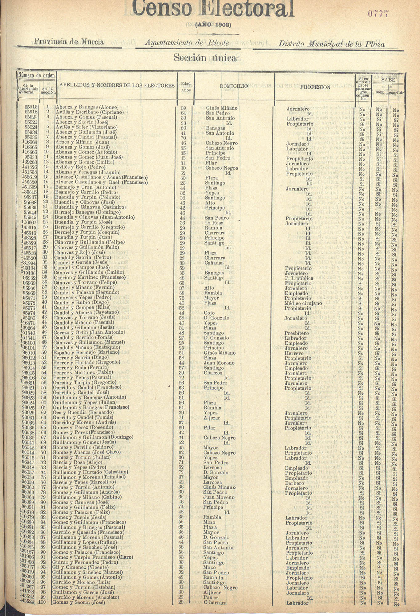 Censo electoral provincial de 1902: Ricote.