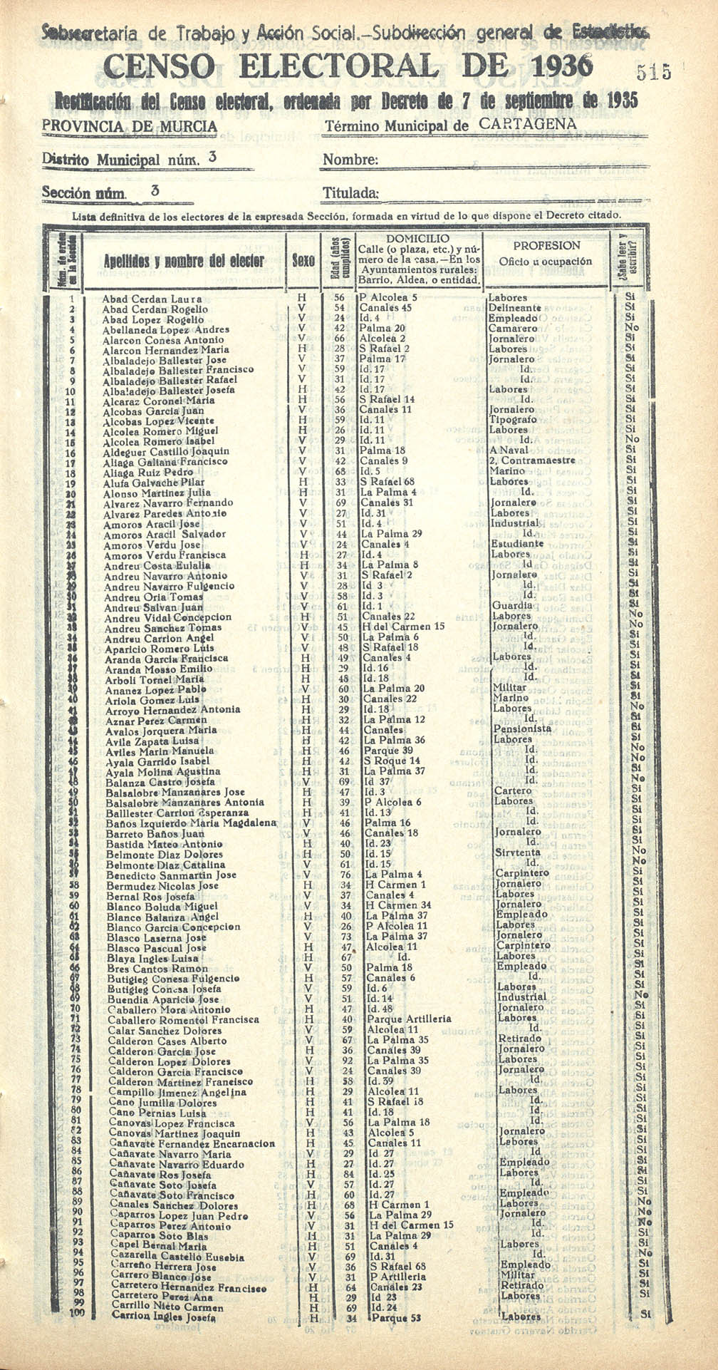 Censo electoral provincial de 1936. Cartagena. Distrito 3º. Sección 3ª.