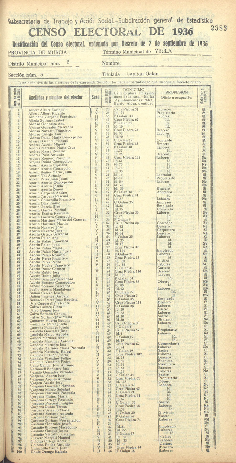 Censo electoral provincial de 1936. Yecla. Distrito 2º. Sección 3ª, Capitán Galán