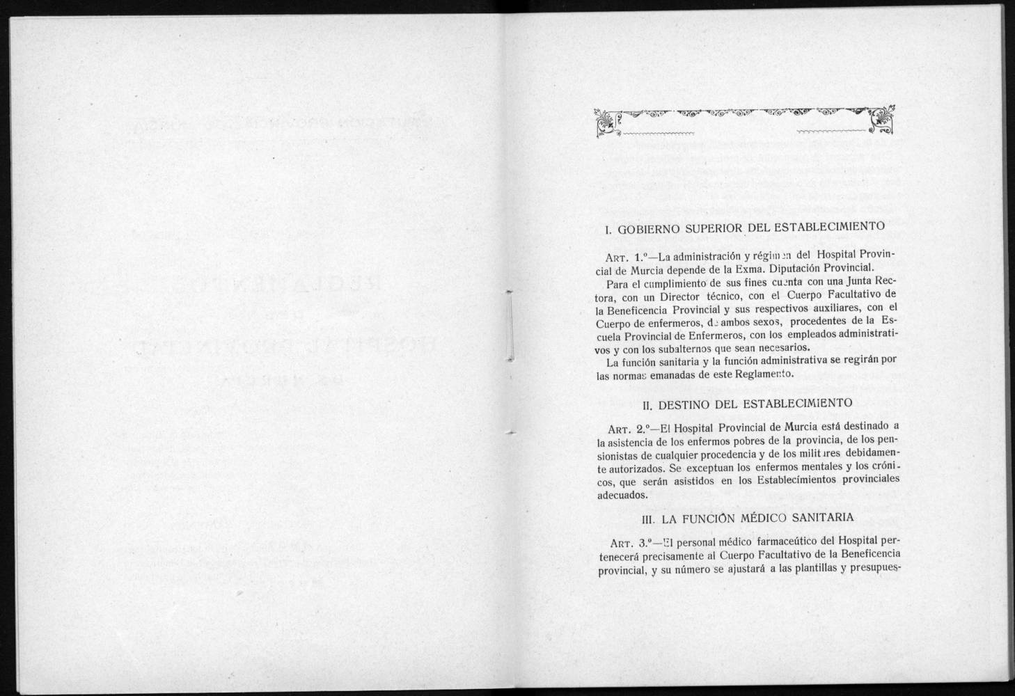 Reglamento del Hospital Provincial de San Juan de Dios de Murcia. Año 1932.