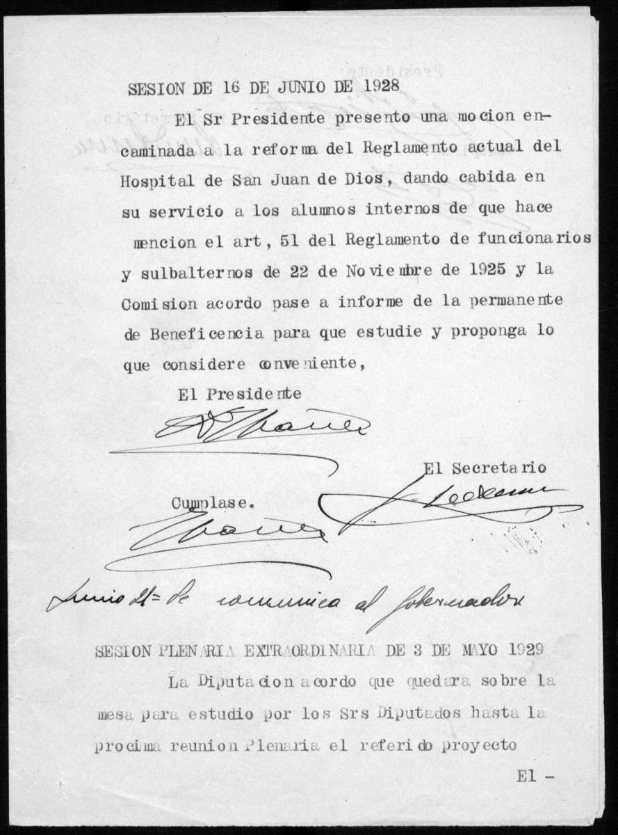 Expediente relativo al Proyecto de Reglamento para el régimen y gobierno interior del Hospital Provincial de San Juan de Dios de Murcia, aprobado el año 1929.