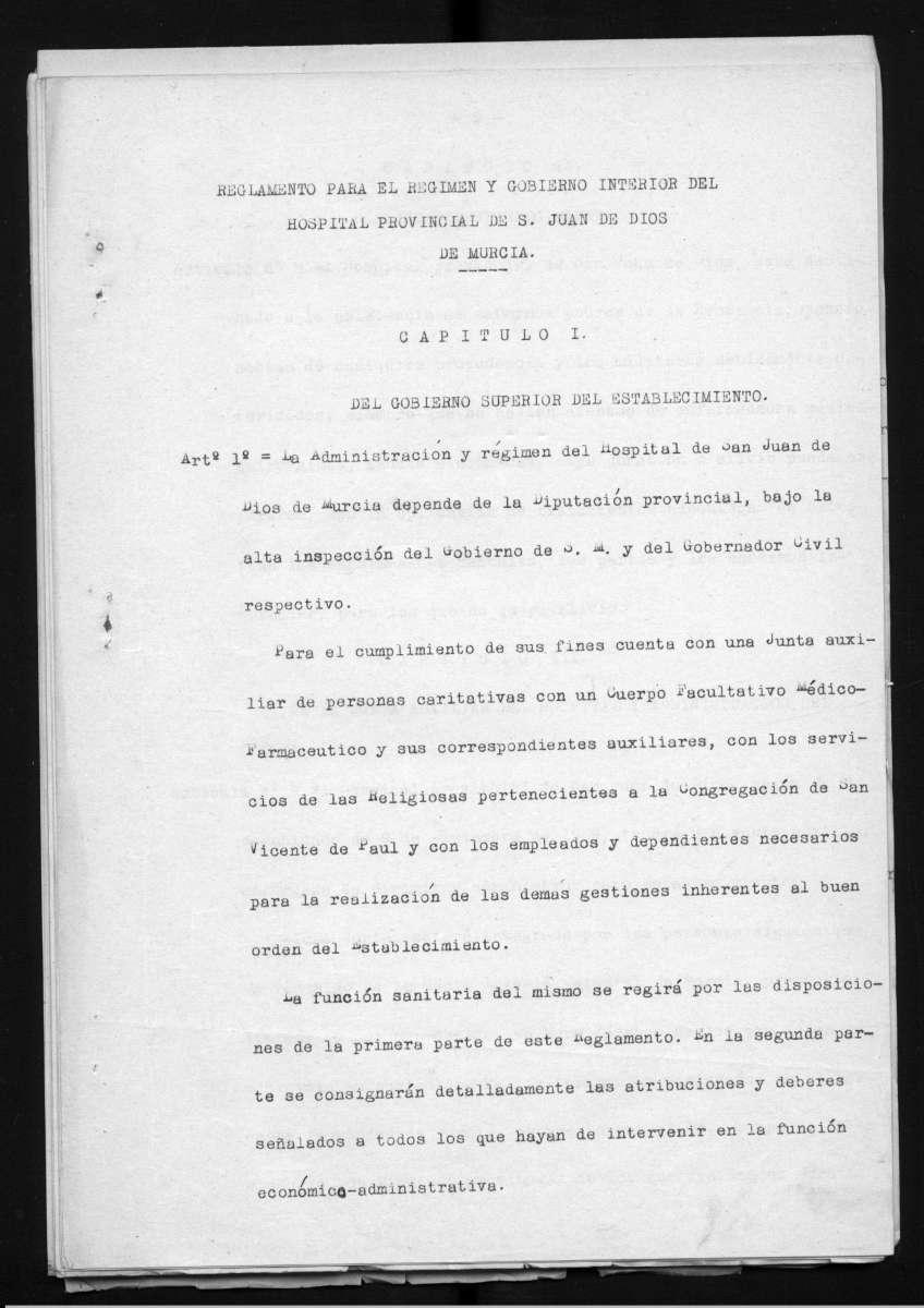 Expediente relativo al Proyecto de Reglamento para el régimen y gobierno interior del Hospital Provincial de San Juan de Dios de Murcia, aprobado el año 1929.