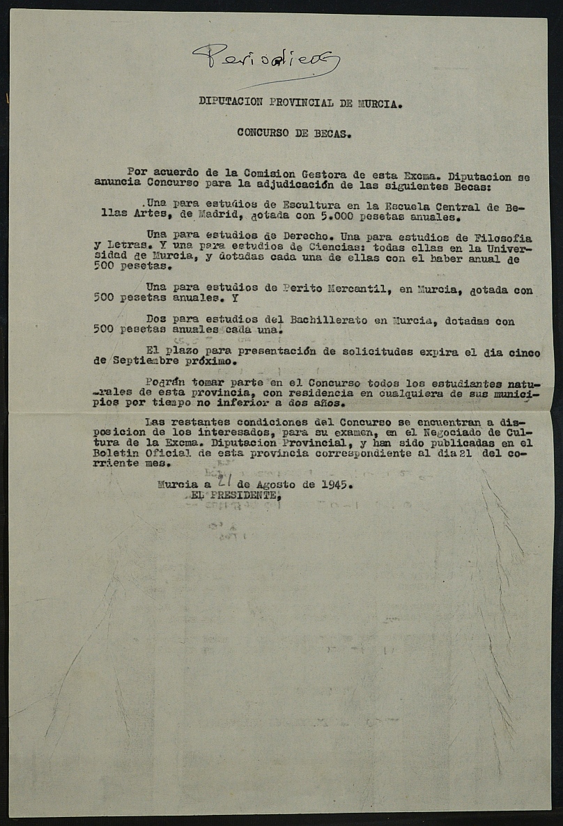 Expediente del concurso-oposición celebrado para cubrir diferentes becas correspondientes al año 1945.