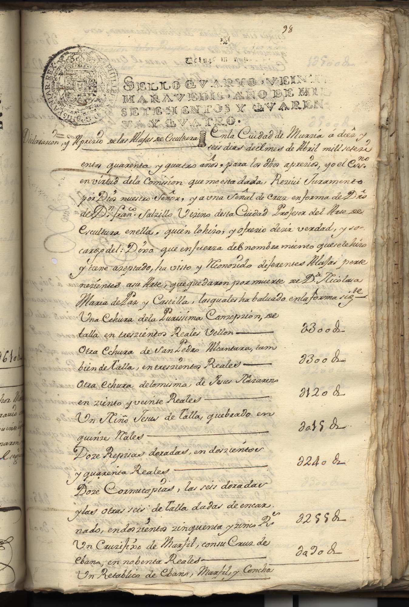 Registro de José Bastida, Murcia de 1744.