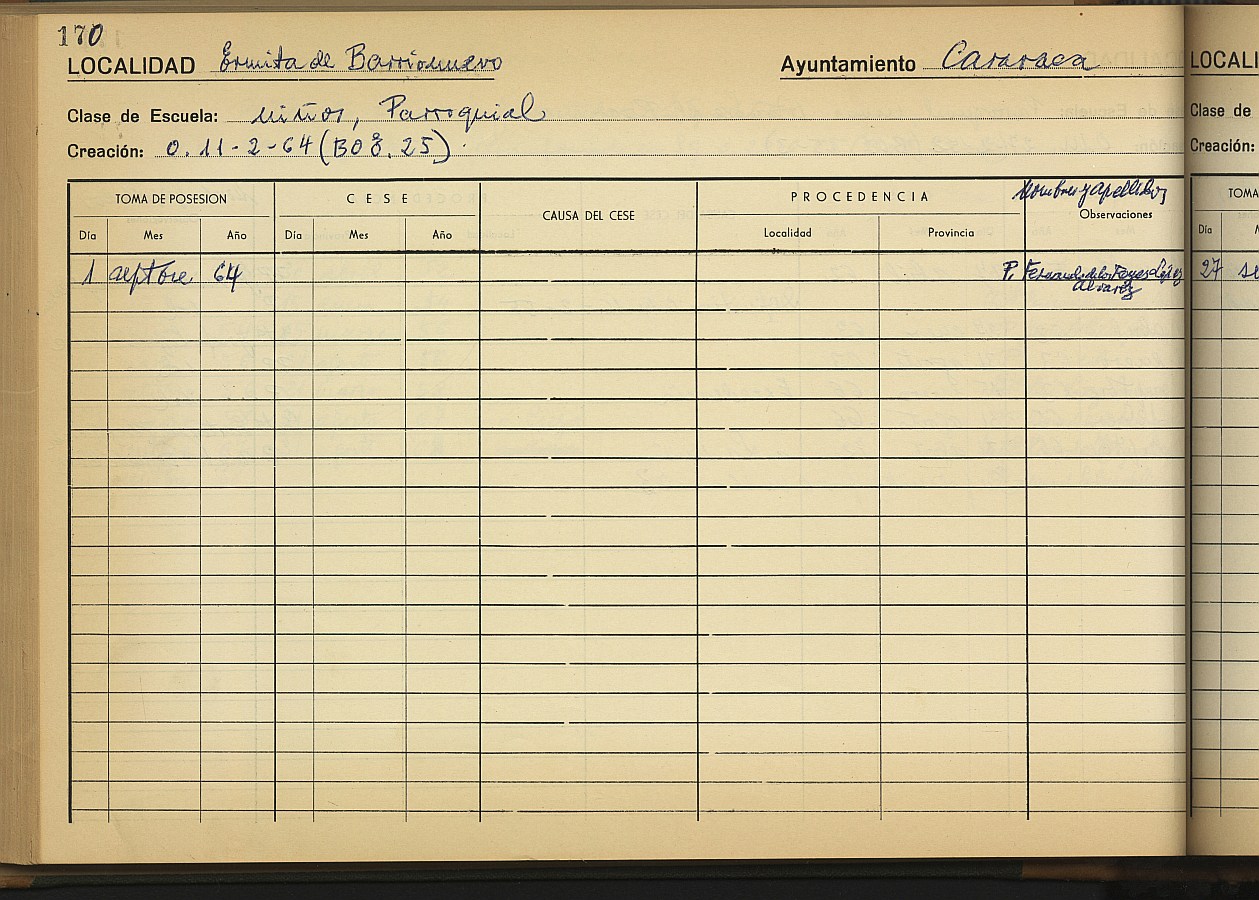 Asiento del Registro de escuelas y maestros: Escuela Parroquial de niños de Ermita del Barrionuevo de Caravaca de la Cruz.