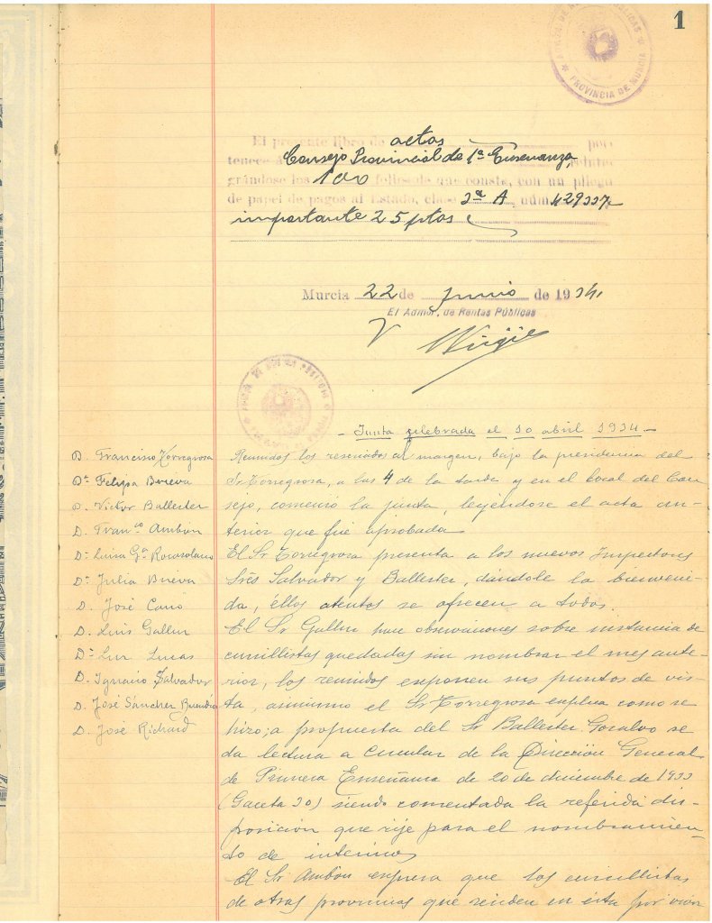 Registro de actas del Consejo Provincial de Primera Enseñanza de Murcia. Años 1934-1938.
