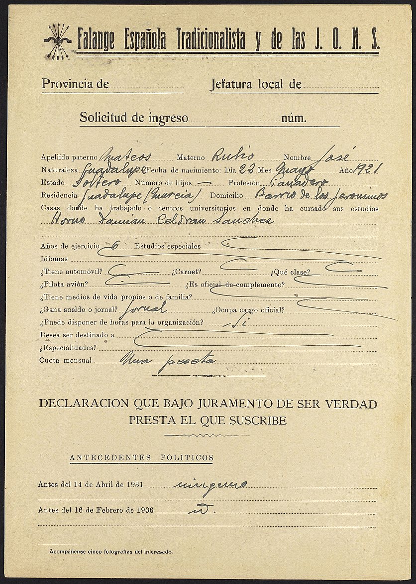 Solicitud de José Mateos Rubio de ingreso en la Falange Española Tradicionalista y de las J.O.N.S de Guadalupe.