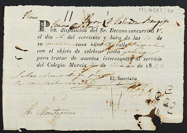 Convocatoria, por disposición del decano Salvador Rengifo, para asistir a la Junta General del Colegio, a celebrar el día 16 de enero de 1822 en la calle Riquelme nº 18 de Murcia, dirigida al Señor Montejano.