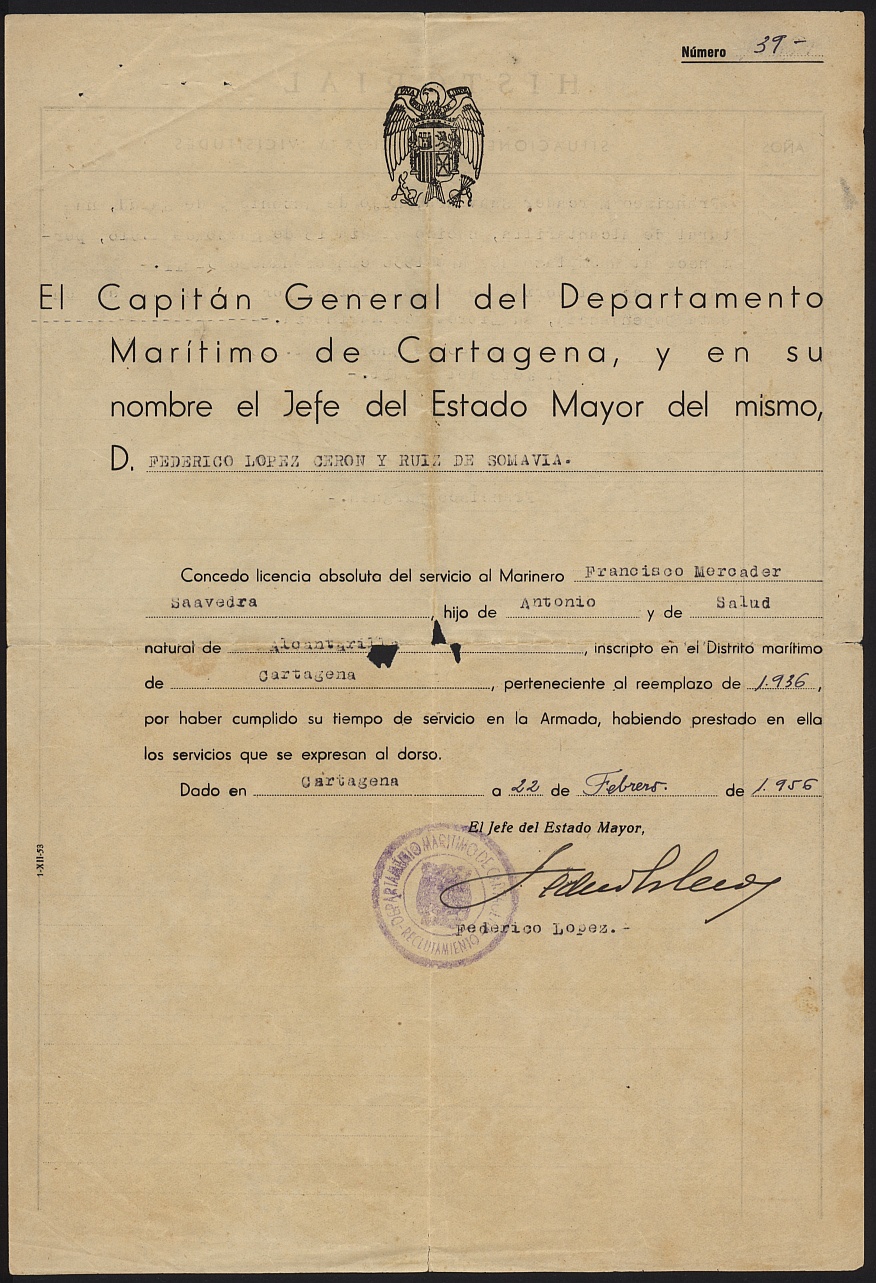Licencia por haber cumplido el servicio militar en la Armada del marinero Francisco Mercader Saavedra.