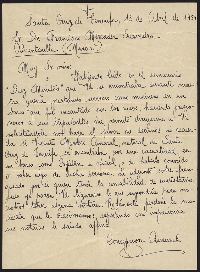 Carta de Concepción Amaral solicitando información a Francisco Mercader sobre Vicente Marrero Amaral, hijo de ésta y tripulante del barco incautado por el Ejército soviético.