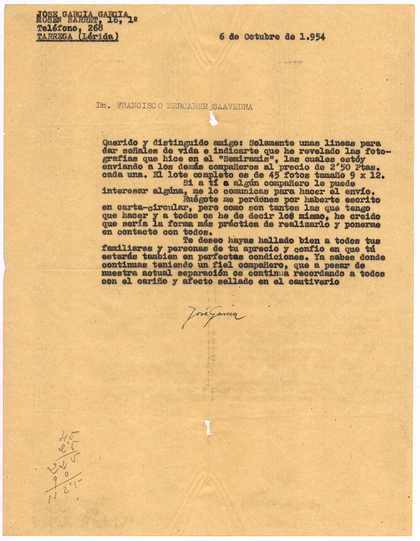 Carta de José García García a Francisco Mercader ofreciéndole copia de varias fotografías tomadas en el viaje de vuelta a España, en el buque Semíramis.