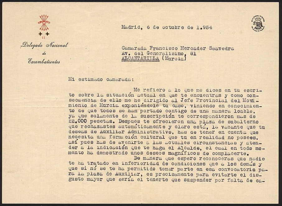 Carta de Tomás García Rebull, Delegado Nacional de Excombatientes, a Francisco Mercader aconsejándole sobre su situación laboral.