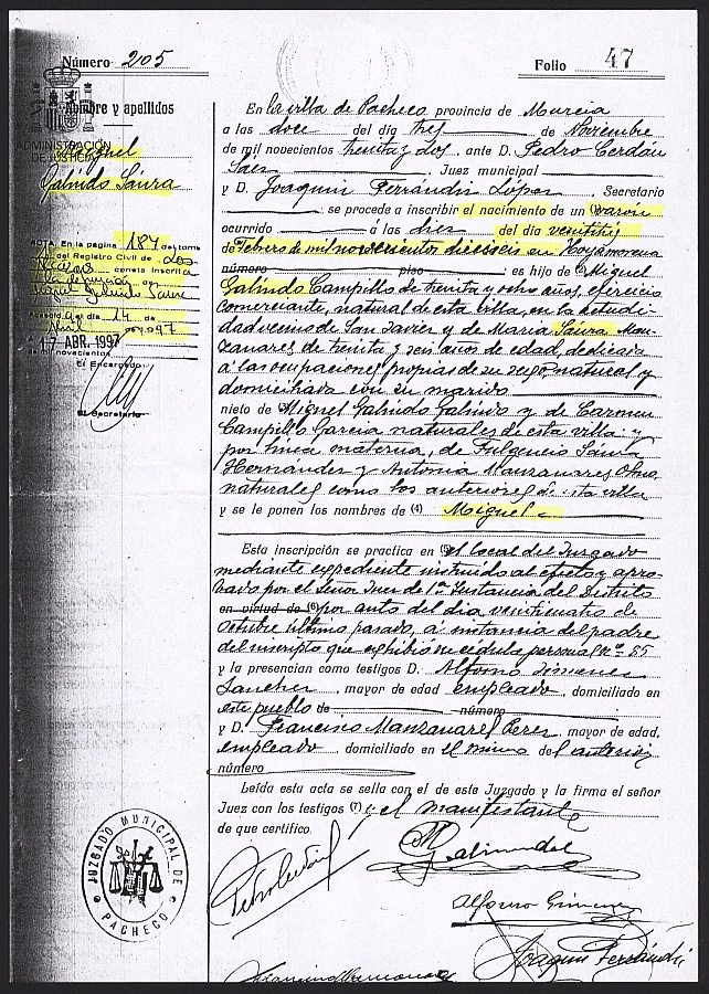 Diversos certificados de nacimiento, matrimonio y defunción de Miguel Galindo y otros familiares.
