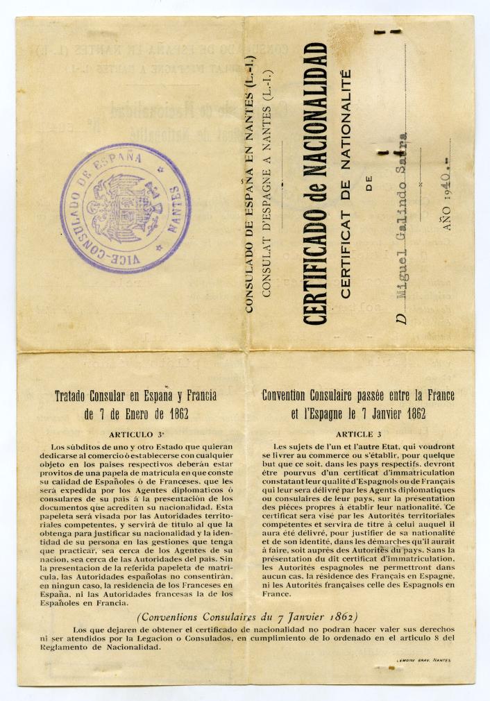 Certificado de nacionalidad de Miguel Galindo Saura emitido por el Consulado de España en Nantes.