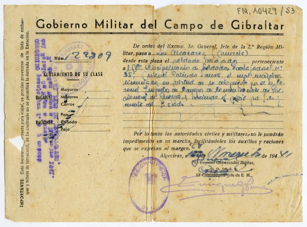 Orden de traslado de Miguel Galindo desde el Parque de Ingenieros de San Roque a Los Alcázares, según lo dispuesto por el Coronel Inspector de Campos de Concentración de Prisioneros de Guerra.