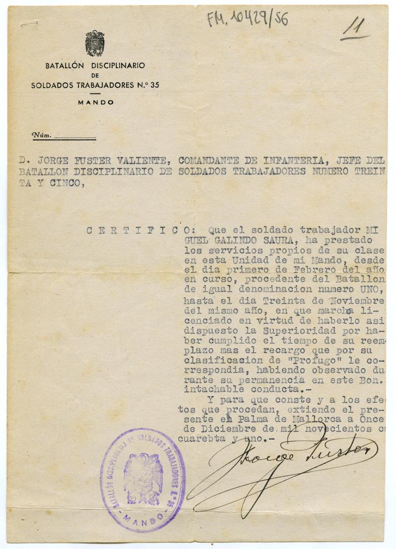 Certificado de buena conducta de Miguel Galindo, expedido por el jefe del Batallón Disciplinario de Soldados Trabajadores nº 35.
