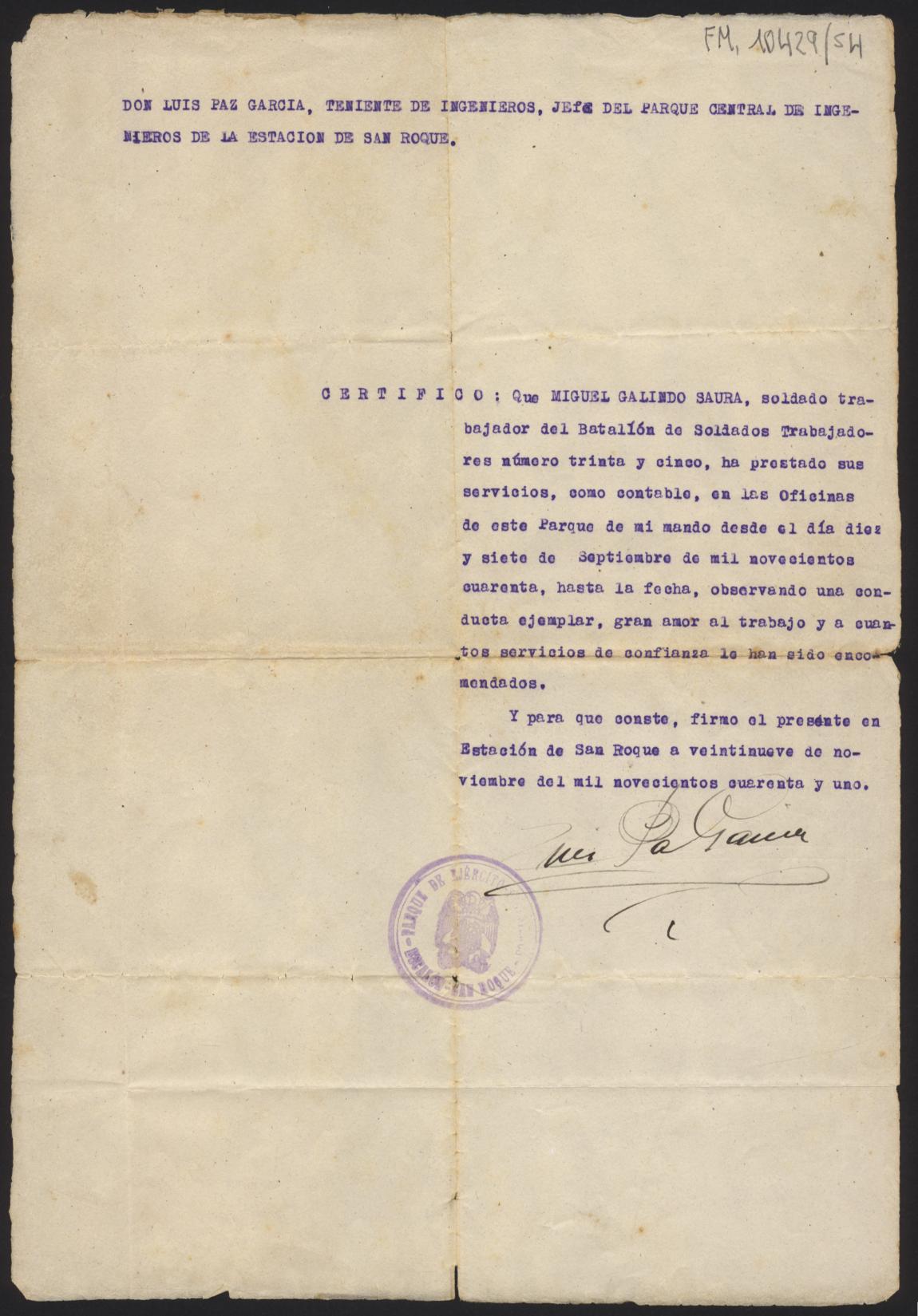 Certificado de buena conducta del soldado trabajador Miguel Galindo, emitido Luis Paz García, jefe del Parque de Ingenieros de San Roque.