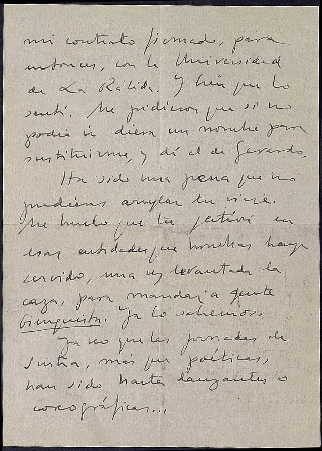 Carta de Vicente Aleixandre sobre la imposibilidad de enviarle material para publicar en la revista del SEU o de acudir a la Bienal Internacional de Poesía de Knokke-Le Zoute (Bélgica).