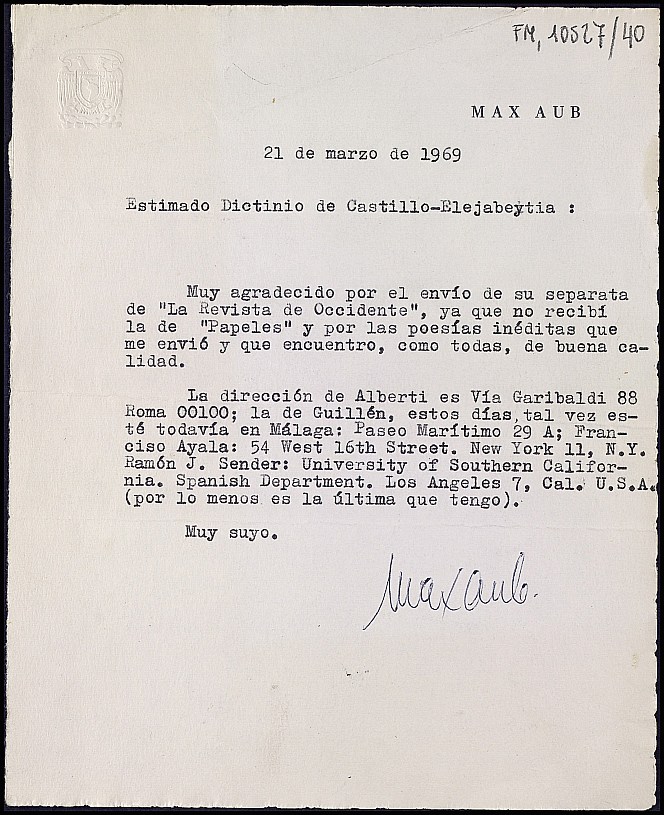 Carta de Max Aub agradeciéndole el envío de una separata y poemas e informándole de las direcciones de varios poetas.