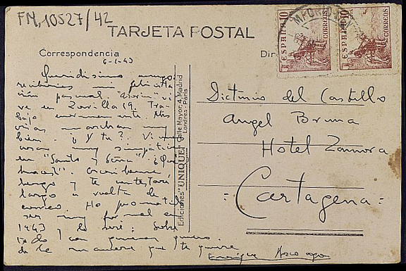 Tarjeta postal de Enrique Azcoaga facilitándole la dirección de Azorín.