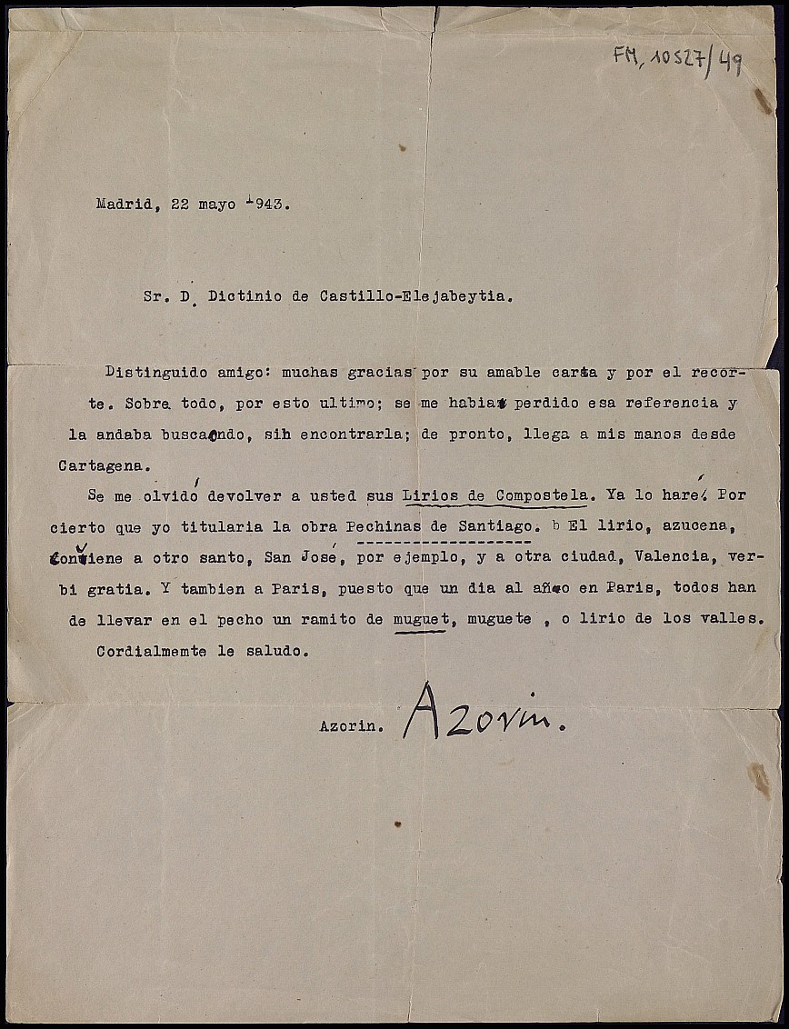 Carta de Azorín comentando el poemario inédito 