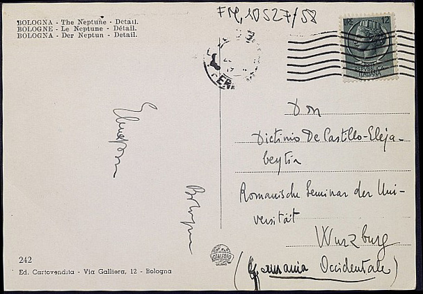 Tarjeta postal de Elena Bono con un recuerdo de Bolonia.