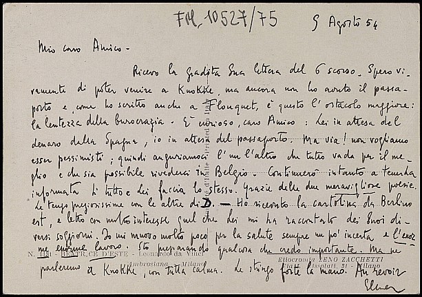 Tarjeta postal de Elena Bono deseando que Dictinio pueda acudir a las Jornadas de Poesía de Knokke (Bélgica).