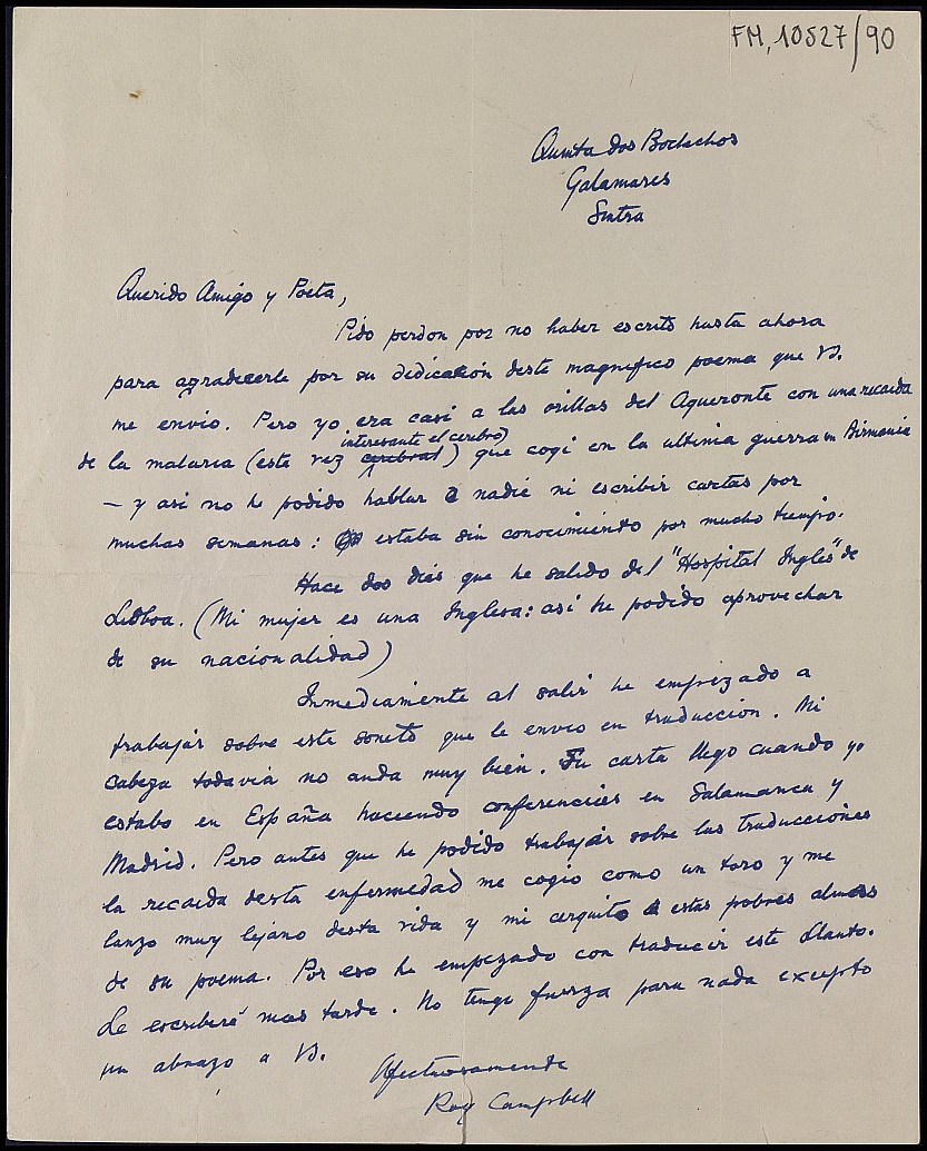 Carta de Roy Campbell informando a Dictinio sobre su convalecencia de malaria y el retraso en las traducciones.