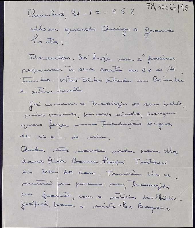 Carta de José Campos de Figueiredo informando a Dictinio sobre la traducción de sus poemas y otros asuntos.