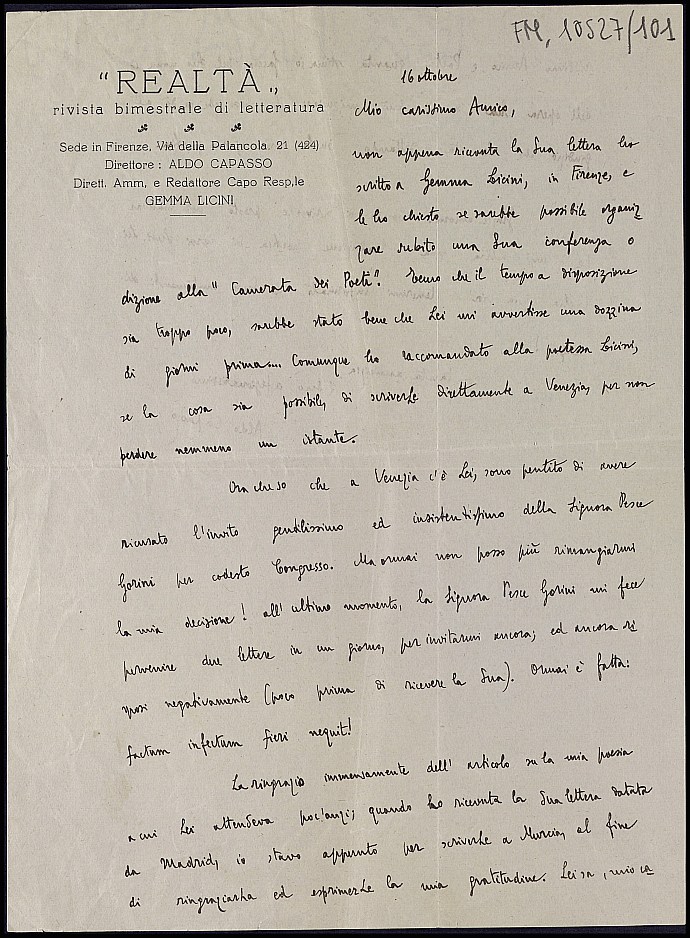 Carta de Aldo Capasso sobre la traducción y publicación de varios poemas.