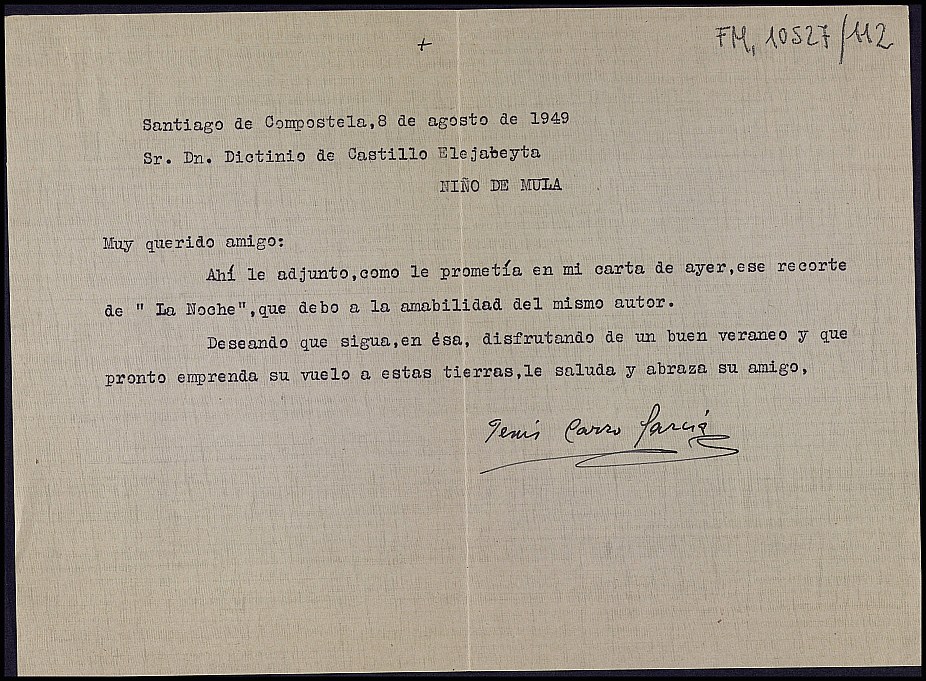 Carta de Jesús Carro García comentándole el envío de un recorte del diario 