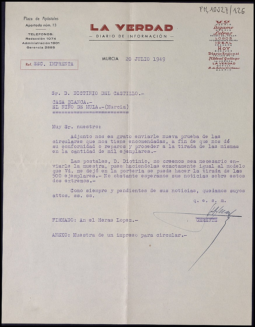 Carta de Ángel Heras López, de la imprenta de La Verdad, adjuntando modelo de circular para su corrección o aprobación.