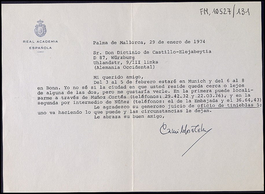 Carta de Camilo José Cela para citarse con Dictinio en Alemania y agradeciendo la crítica de su obra 