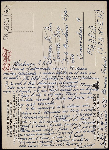 Tarjeta postal de Dictinio a Gerardo Diego, narrándole algunos viajes, que no llegó a enviar.