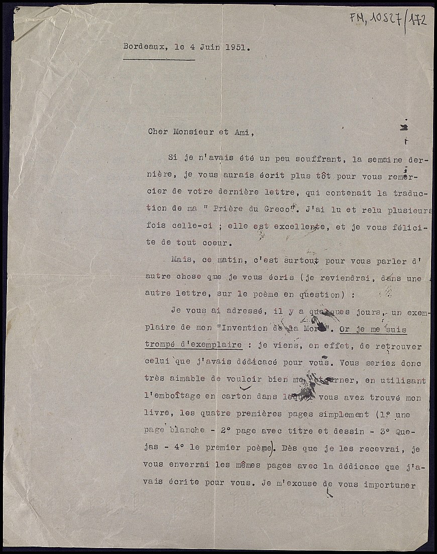 Carta de Louis Émié en la que menciona el envío de un libro dedicado y otros asuntos.