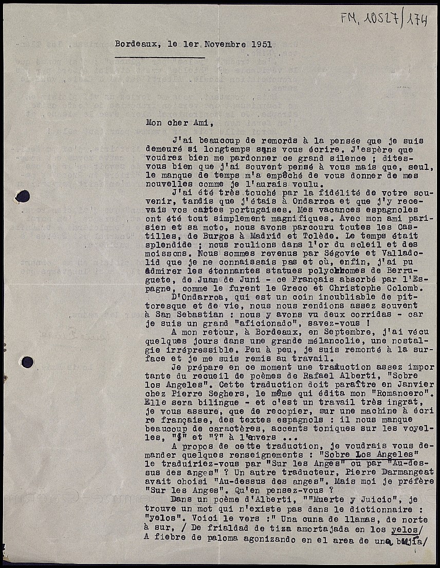 Carta de Louis Émié comentando su viaje a España y la traducción de versos de Rafael Alberti.