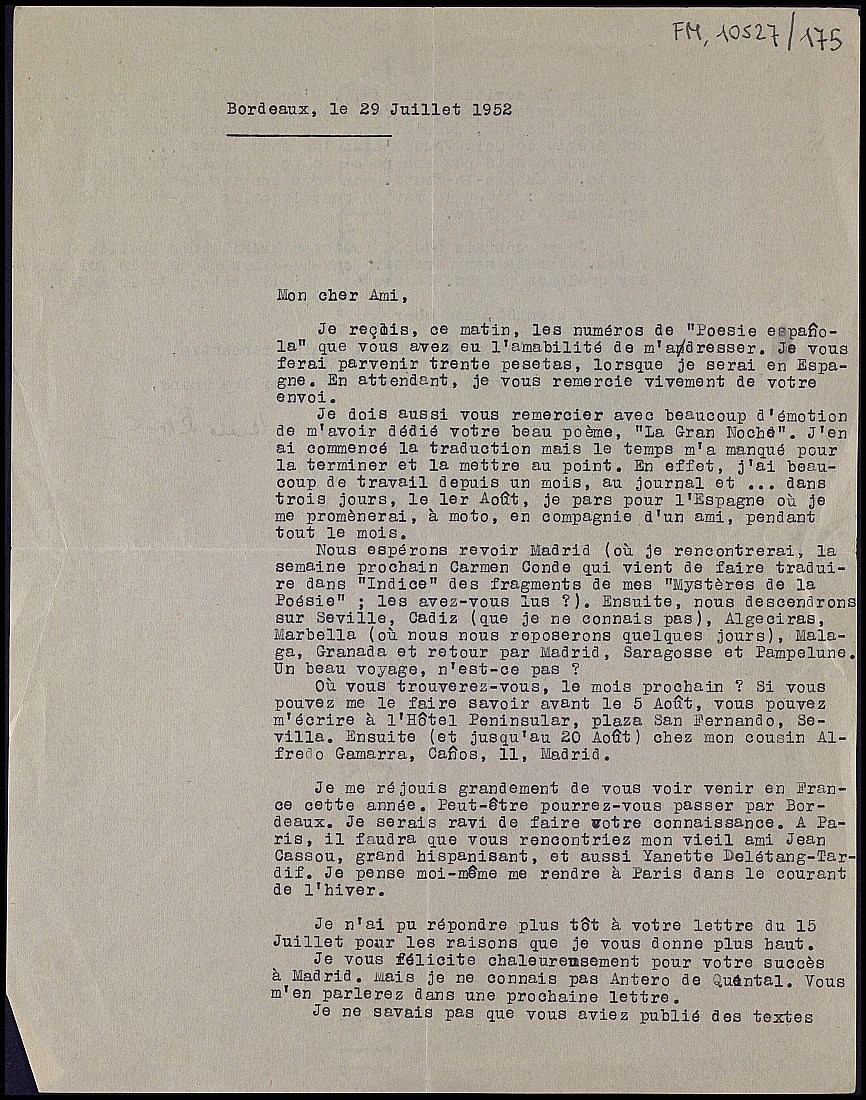 Carta de Louis Émié comentando la traducción y publicación de varios poemas.